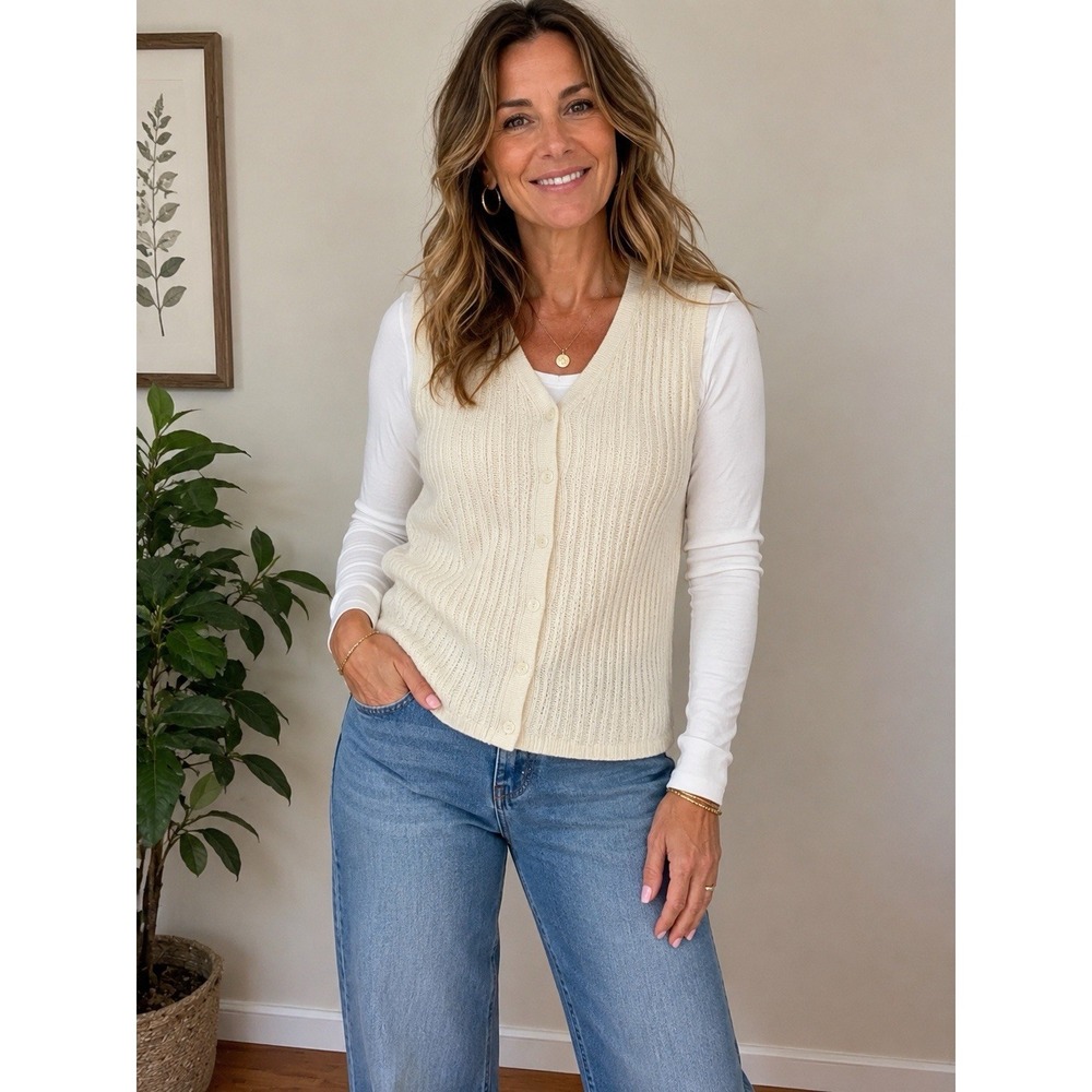 VTG Lands' End Women's Ivory Cotton Knit Sweater Vest Button Front Size PLg